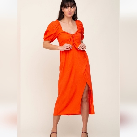 LUSH Orange/Red Linen Blend Front Tie Short PuffSleeve Front Midi Dress.Size S